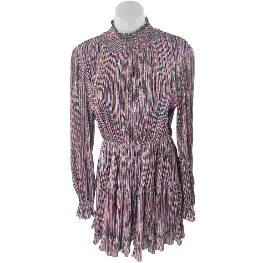O.P.T Multicolor Metallic Striped Long Sleeve Mock Neck Mini Fit & Flare Dress L